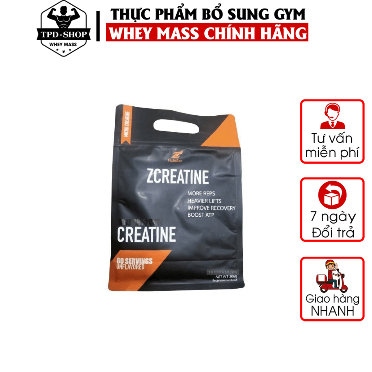 Z Nutrition Creatine Monohydrate Unflavored 306g- 60 Serving